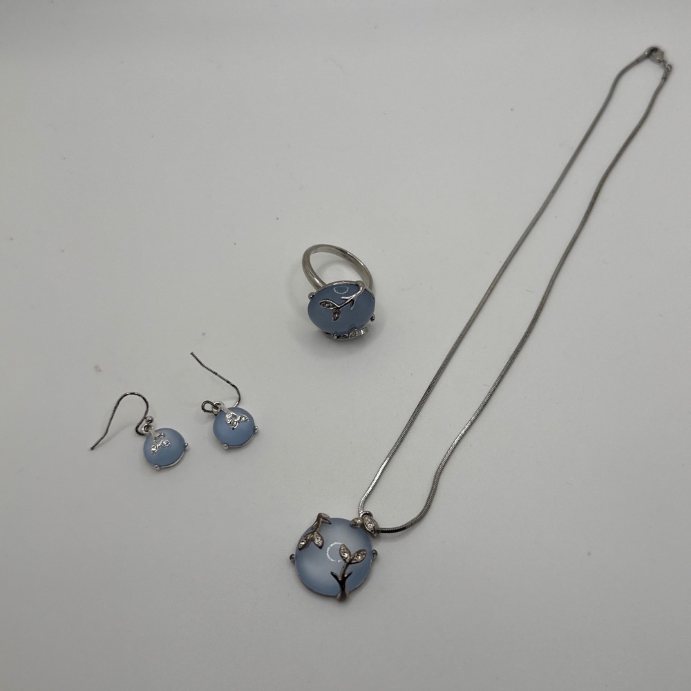 Blue Frosted Cabochon Vine Jewelry Set Necklace Ring Earrings Silver Tone Size 8
